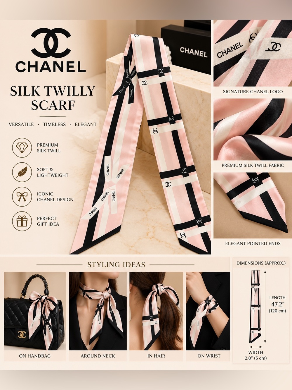 Pink, Black & Cream Striped Silk Twilly